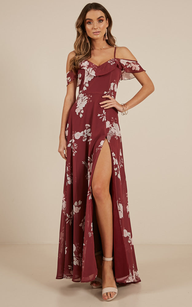 Sway Away Maxi Dress In Wine Floral