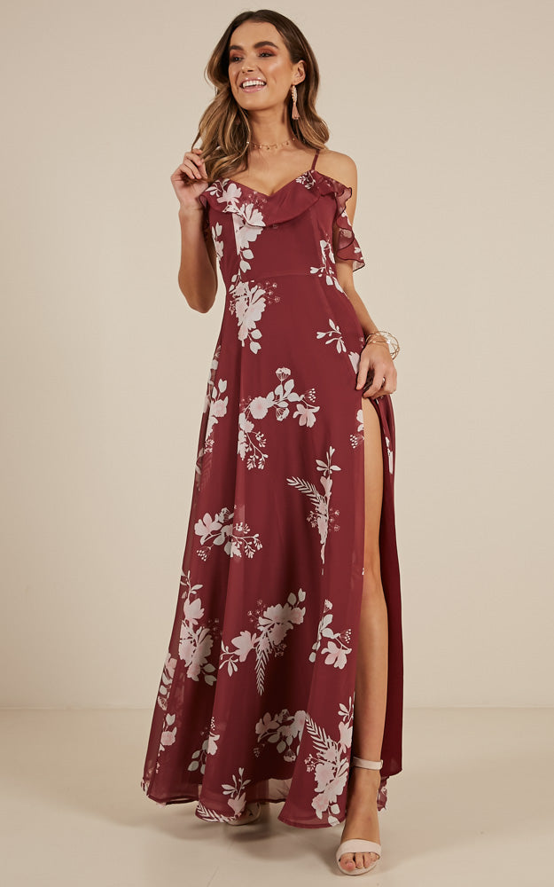 Sway Away Maxi Dress In Wine Floral