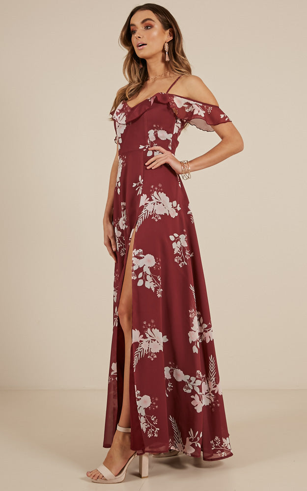 Sway Away Maxi Dress In Wine Floral