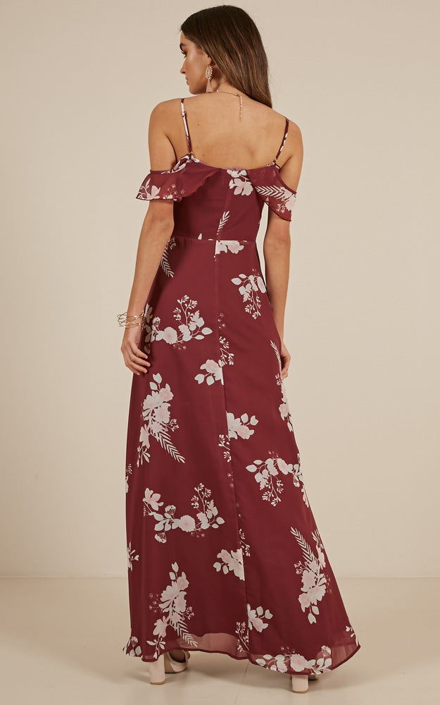Sway Away Maxi Dress In Wine Floral