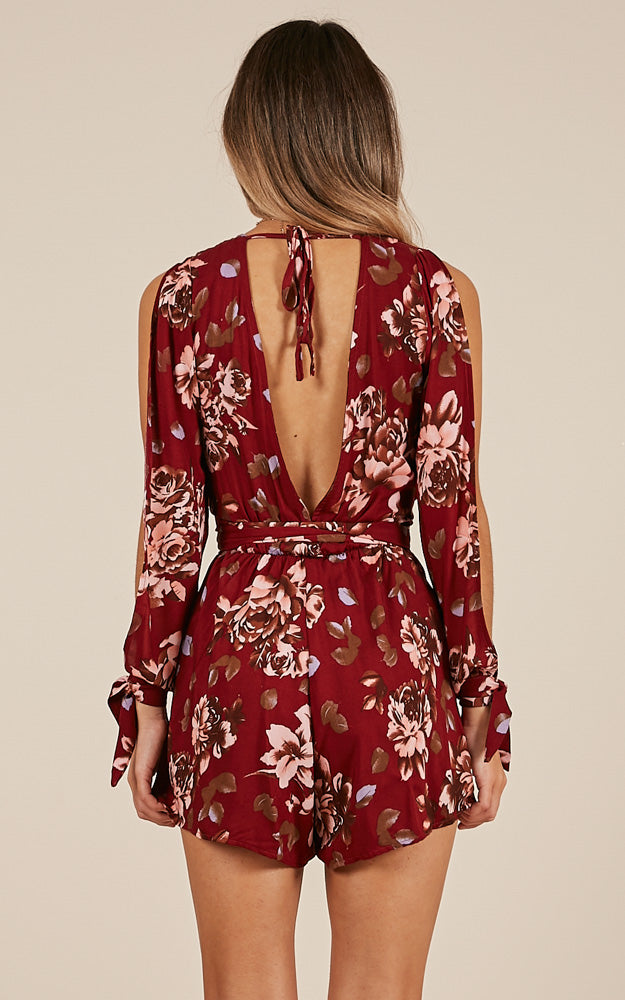 Wildfire Playsuit In Wine Floral