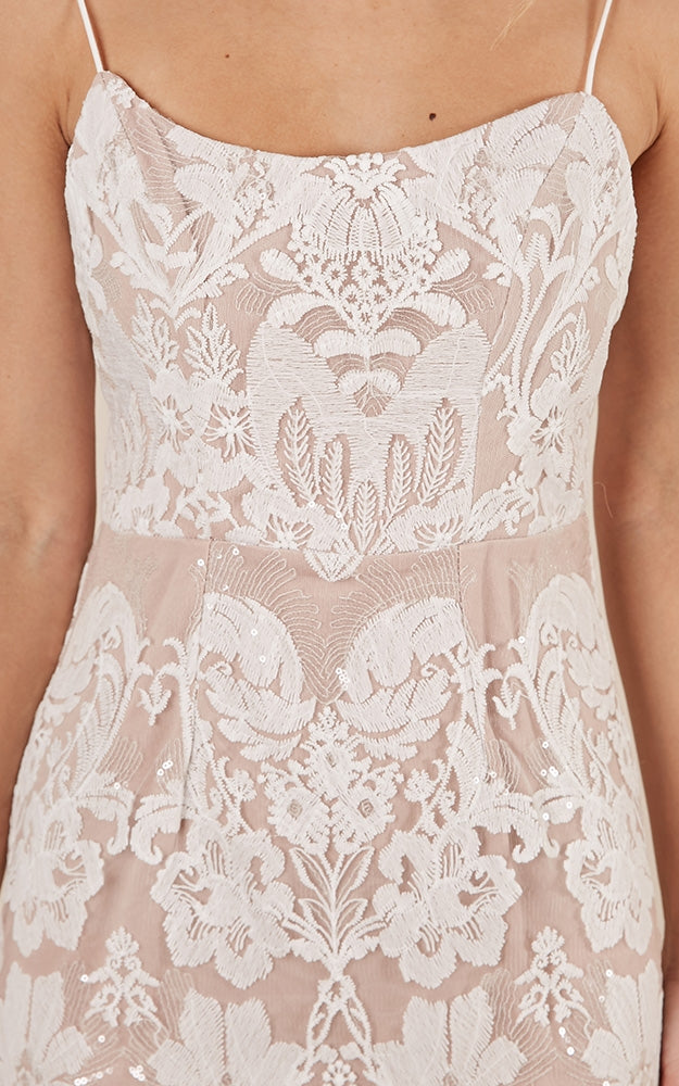 Talk Me Down Dress In White And Nude Lace