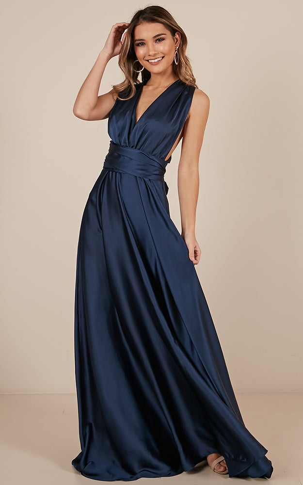 Nights Fallen Maxi Dress In Navy Satin
