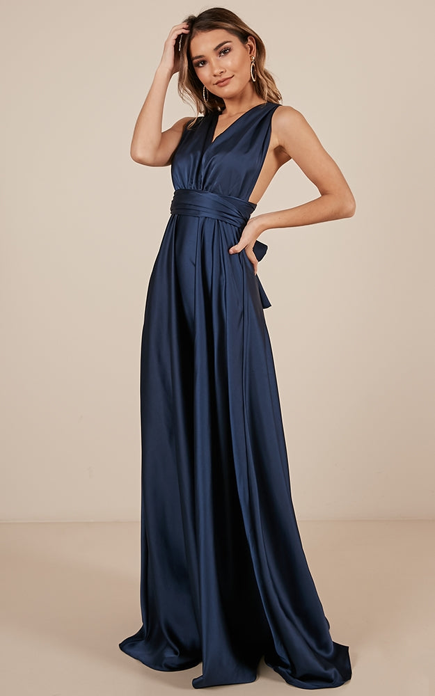 Nights Fallen Maxi Dress In Navy Satin
