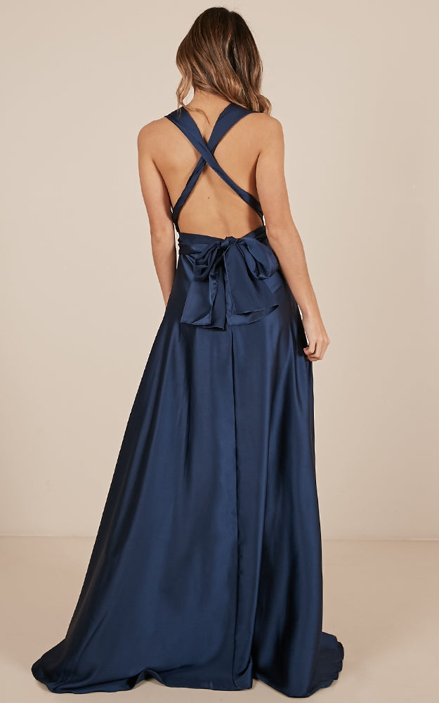 Nights Fallen Maxi Dress In Navy Satin