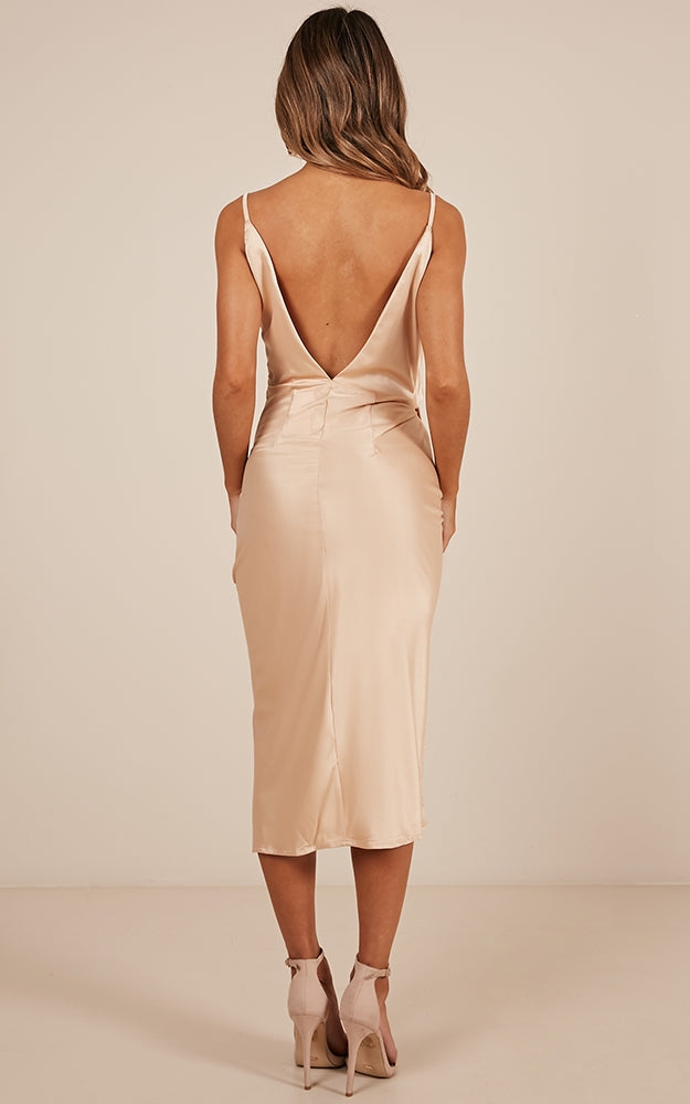 Yas Queen Dress In Beige Satin