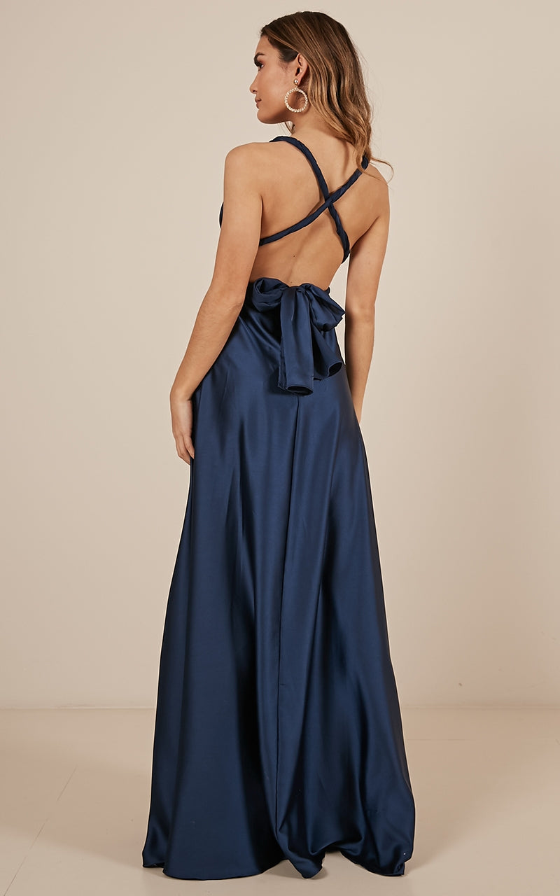 Nights Fallen Maxi Dress In Navy Satin