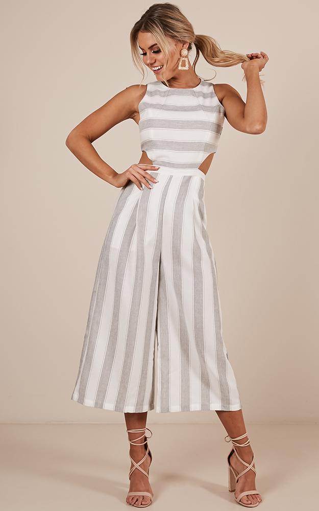 Out Dream Yourself Jumpsuit In Grey Stripe  Linen Look