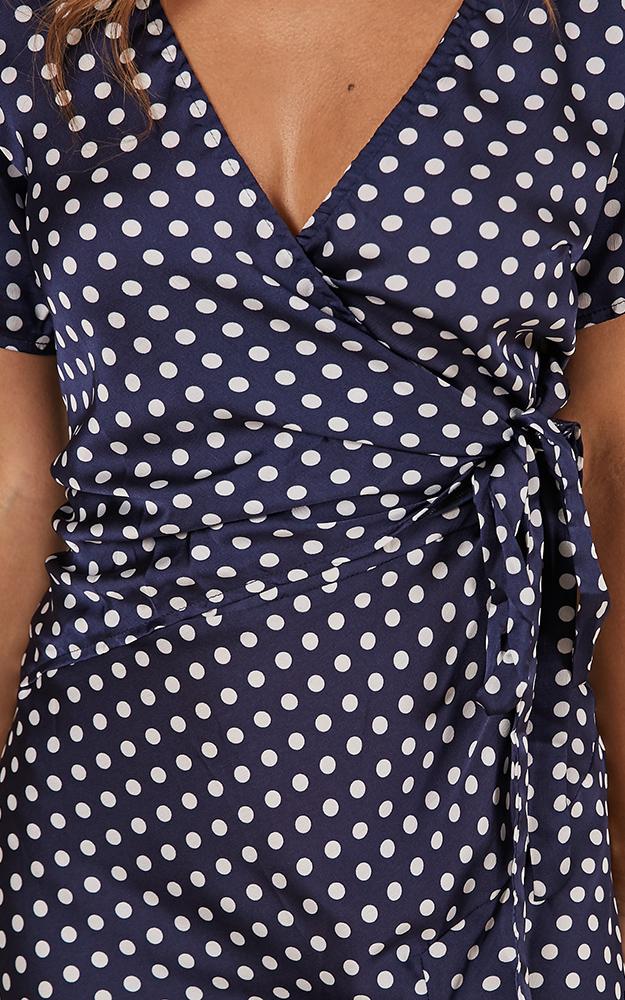 Laying Low Wrap Dress In Navy Polka Dot Satin