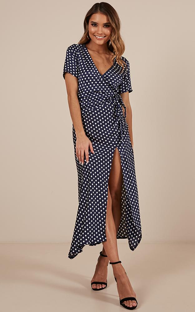 Laying Low Wrap Dress In Navy Polka Dot Satin