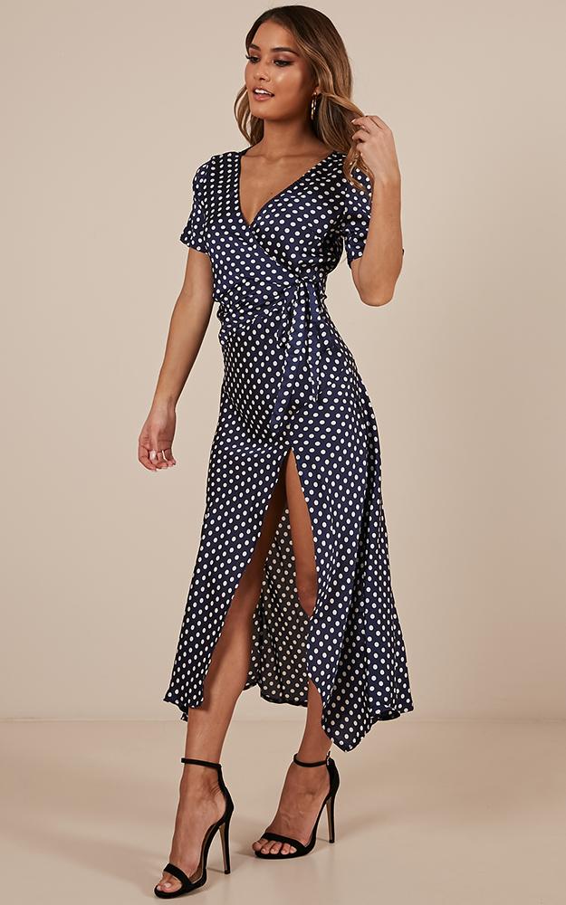 Laying Low Wrap Dress In Navy Polka Dot Satin