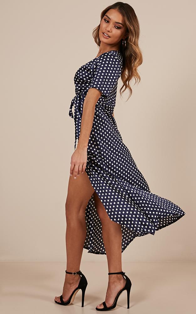 Laying Low Wrap Dress In Navy Polka Dot Satin