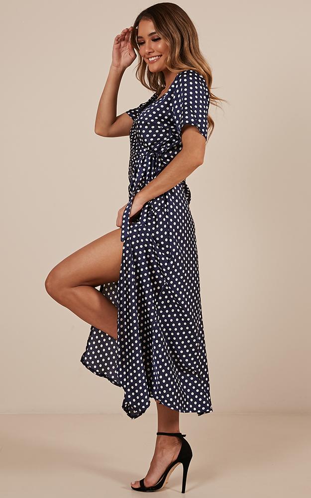 Laying Low Wrap Dress In Navy Polka Dot Satin