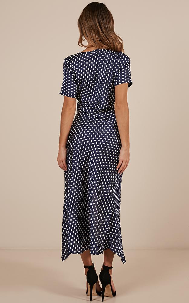 Laying Low Wrap Dress In Navy Polka Dot Satin