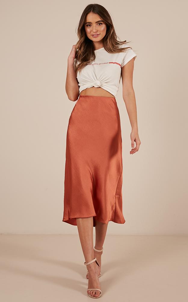 Future Forever Midi Skirt In Rust Satin