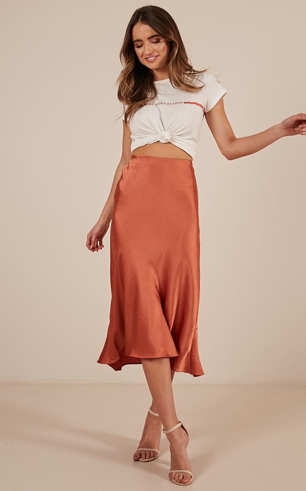 Future Forever Midi Skirt In Rust Satin