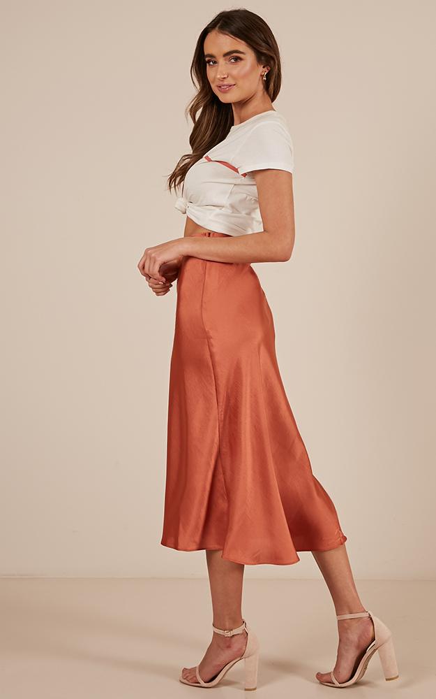 Future Forever Midi Skirt In Rust Satin