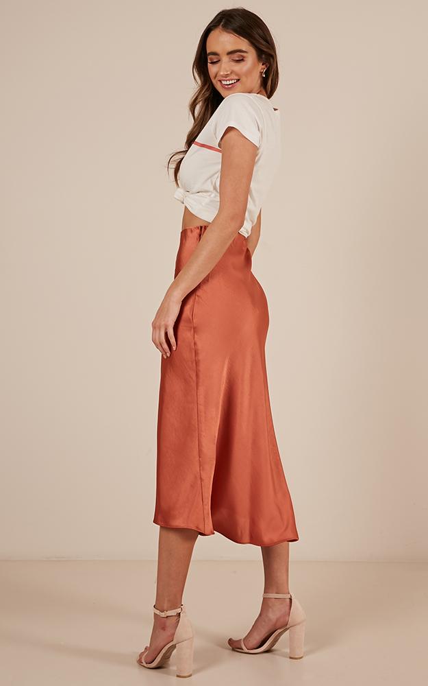 Future Forever Midi Skirt In Rust Satin