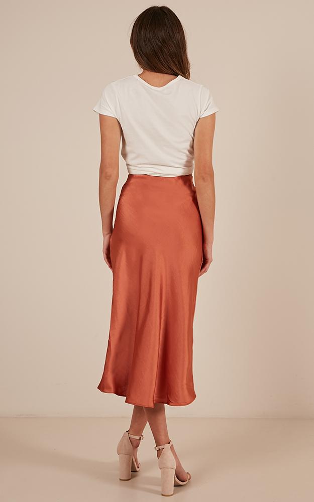 Future Forever Midi Skirt In Rust Satin