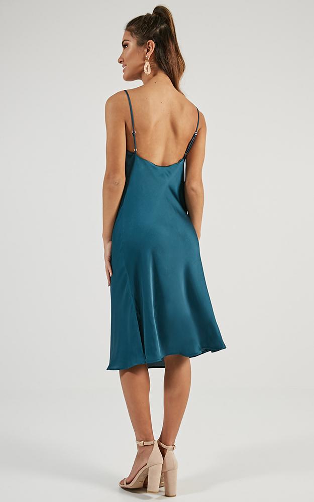 Shine Up Midi Dress In Teal Satin