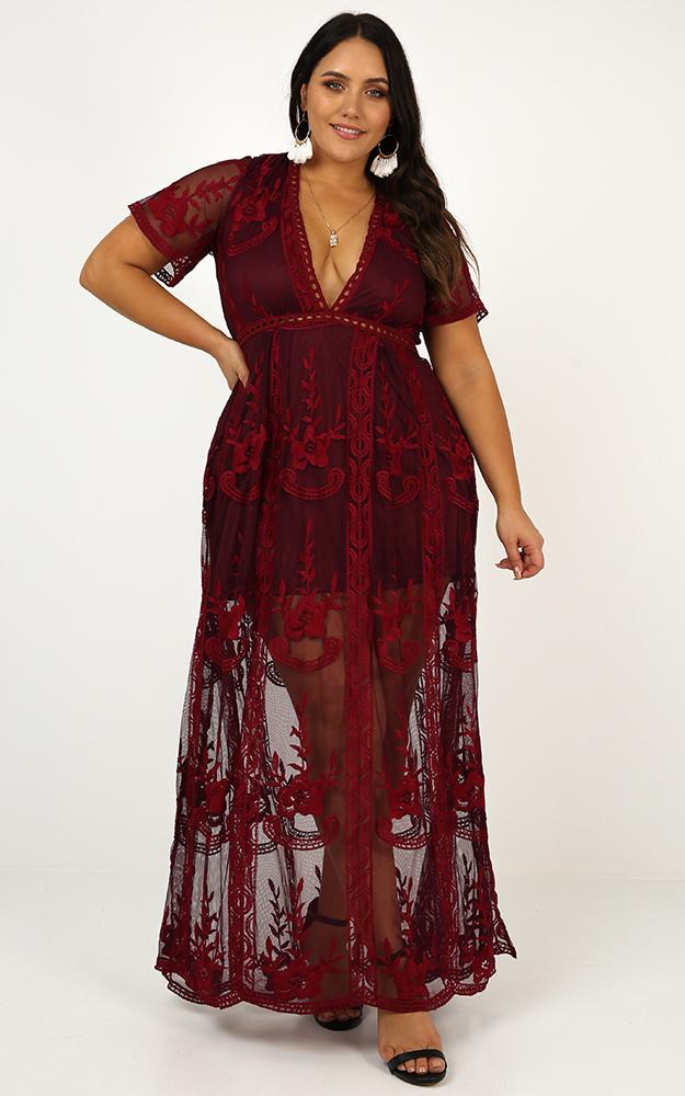 Love Spell Maxi Dress In Wine Lace