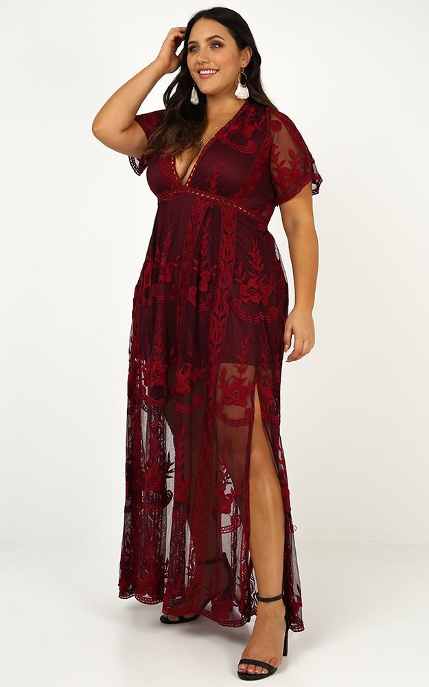 Love Spell Maxi Dress In Wine Lace