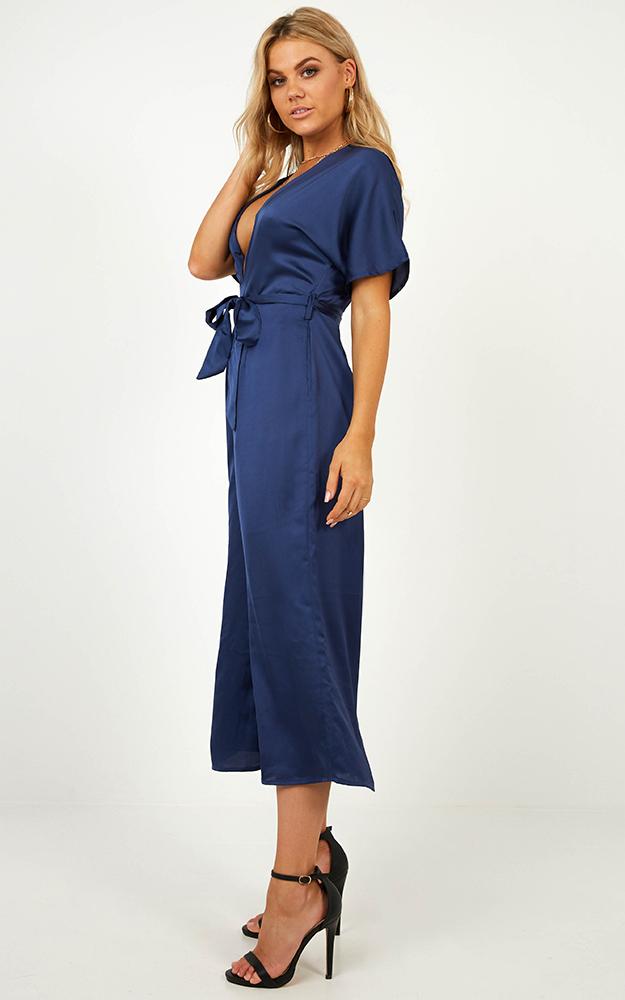 Starting The Night Jumpsuit In Navy Satin