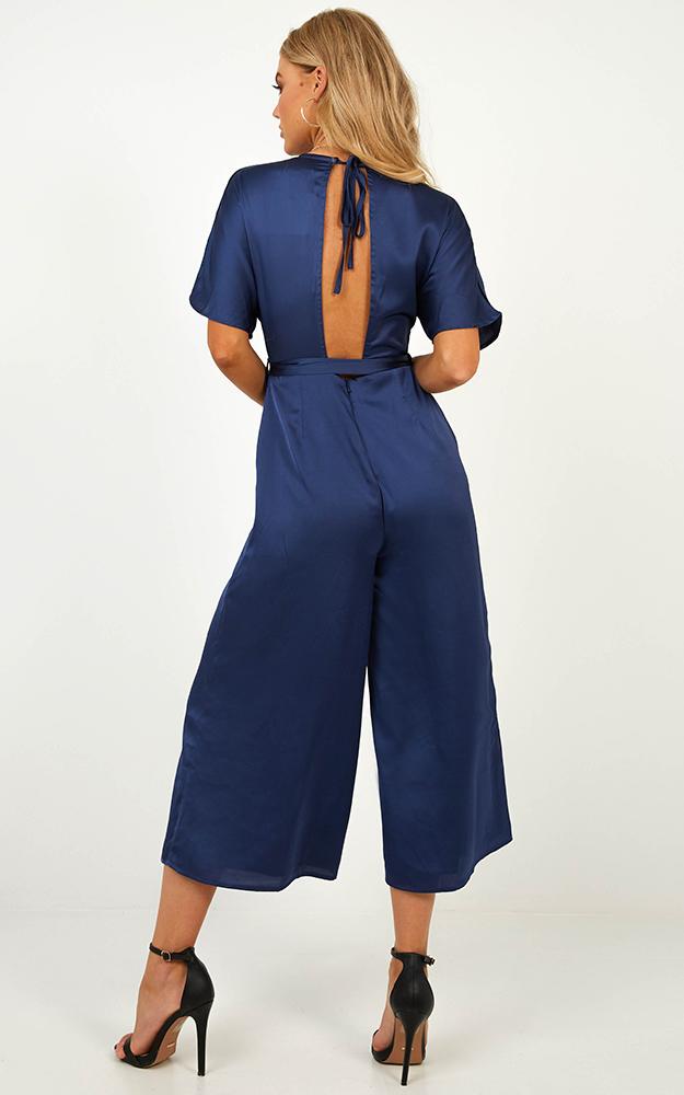 Starting The Night Jumpsuit In Navy Satin