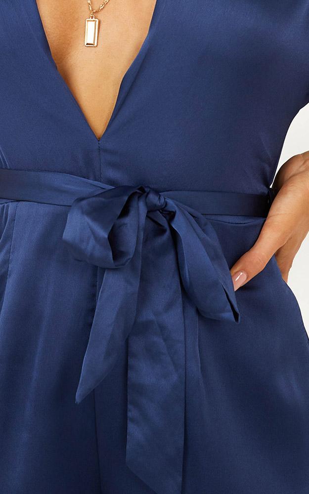 Starting The Night Jumpsuit In Navy Satin