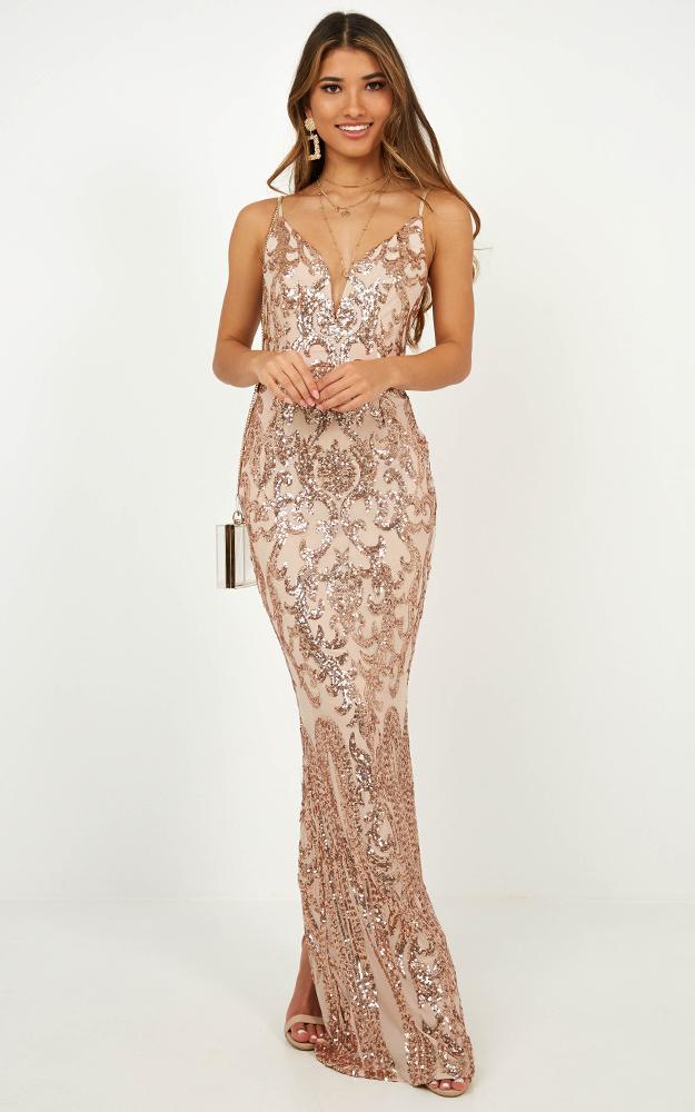 Capture Recapture Dress In Rose Gold Sequin