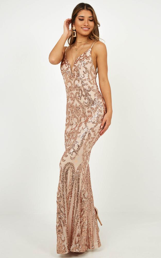 Capture Recapture Dress In Rose Gold Sequin