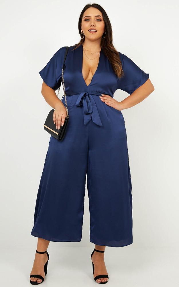 Starting The Night Jumpsuit In Navy Satin