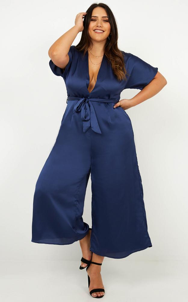 Starting The Night Jumpsuit In Navy Satin