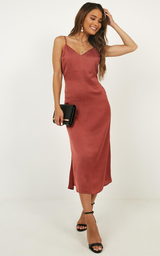 Hello World Midi Dress In Rose Satin