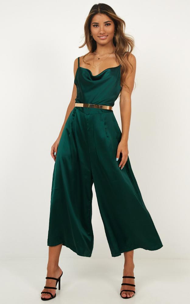 Night Shine Jumpsuit In Emerald Satin