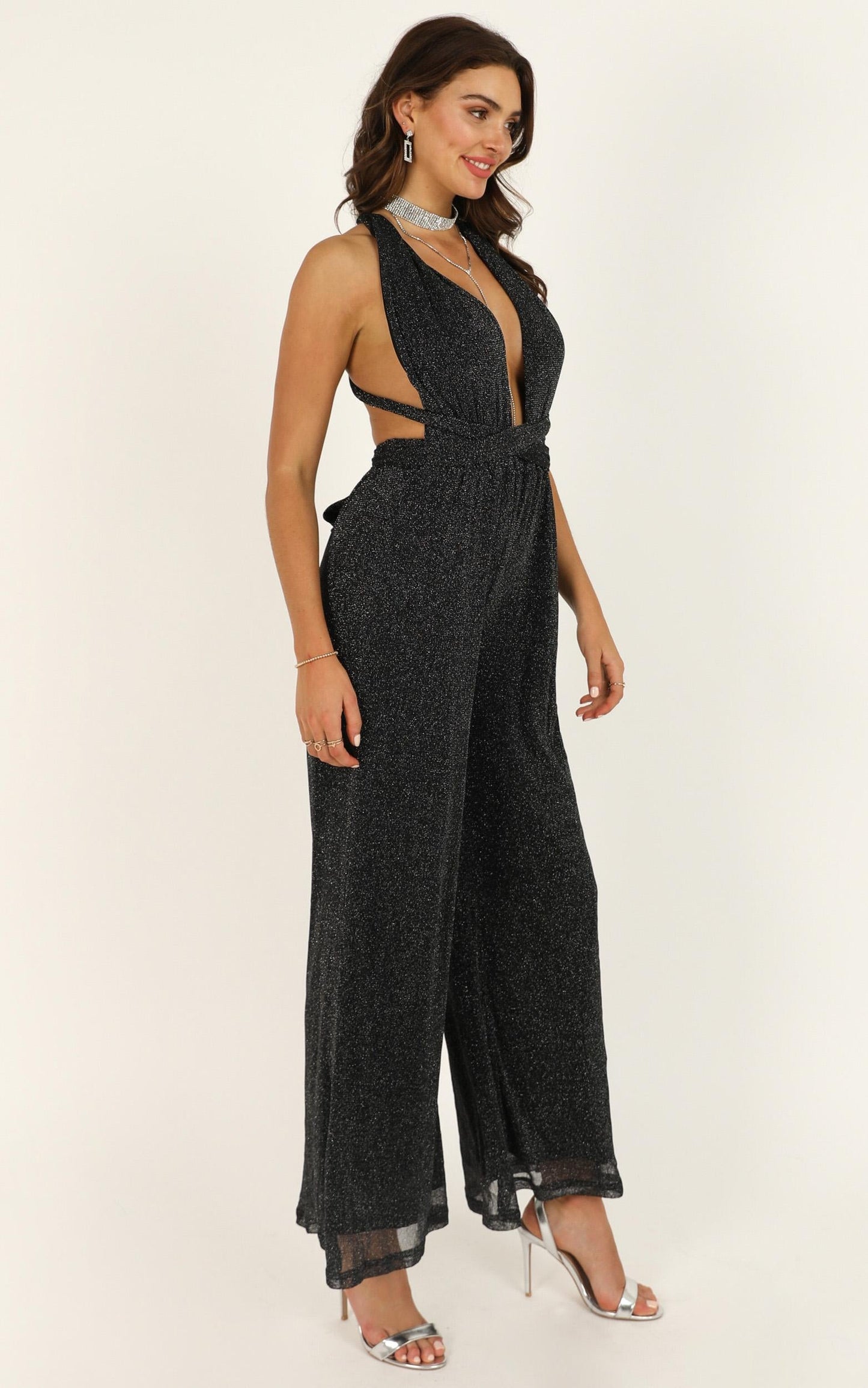 Stand Up For Me Jumpsuit In Black Lurex