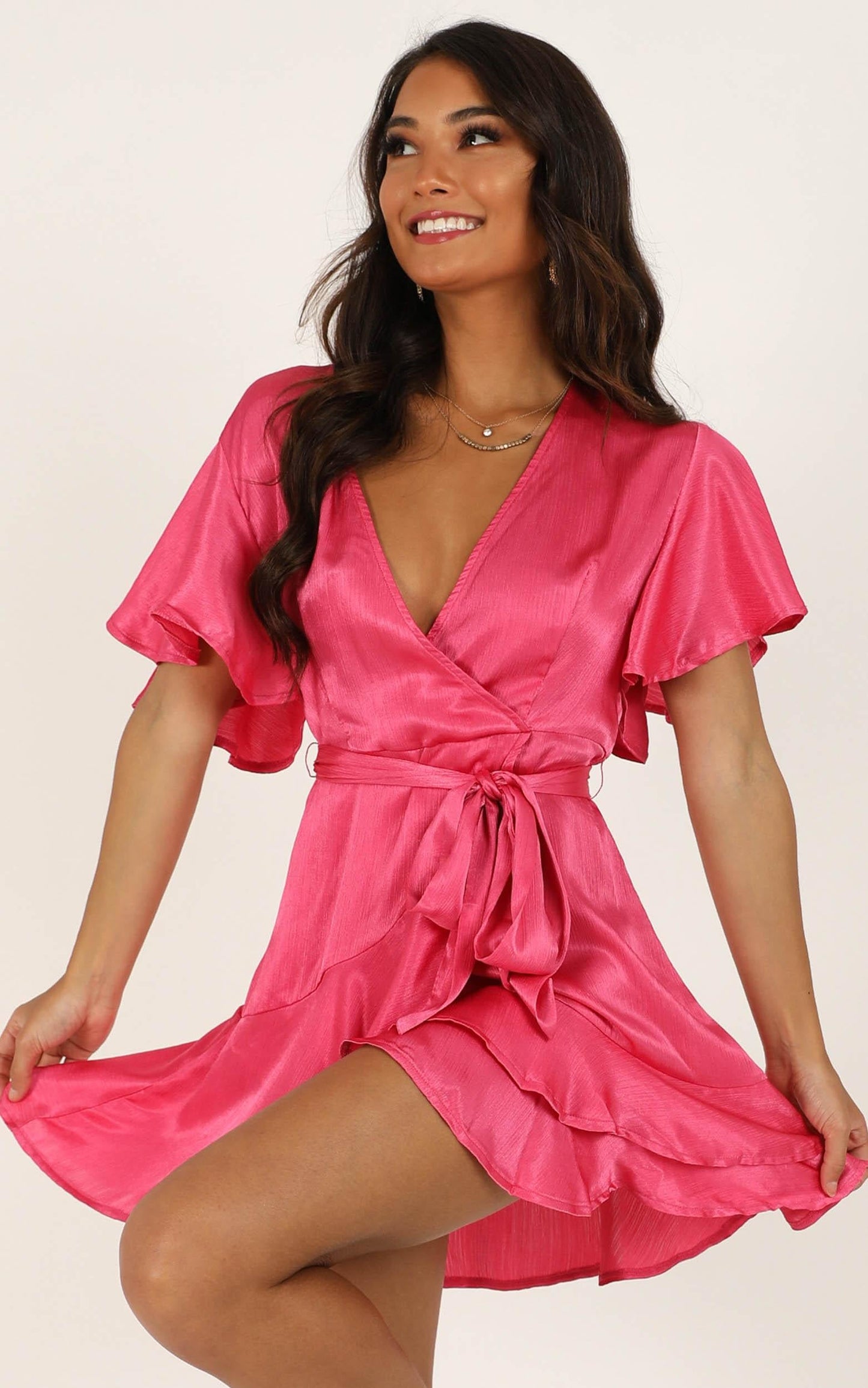 All I Want To Be Ruffle Mini Dress in Hot Pink Satin