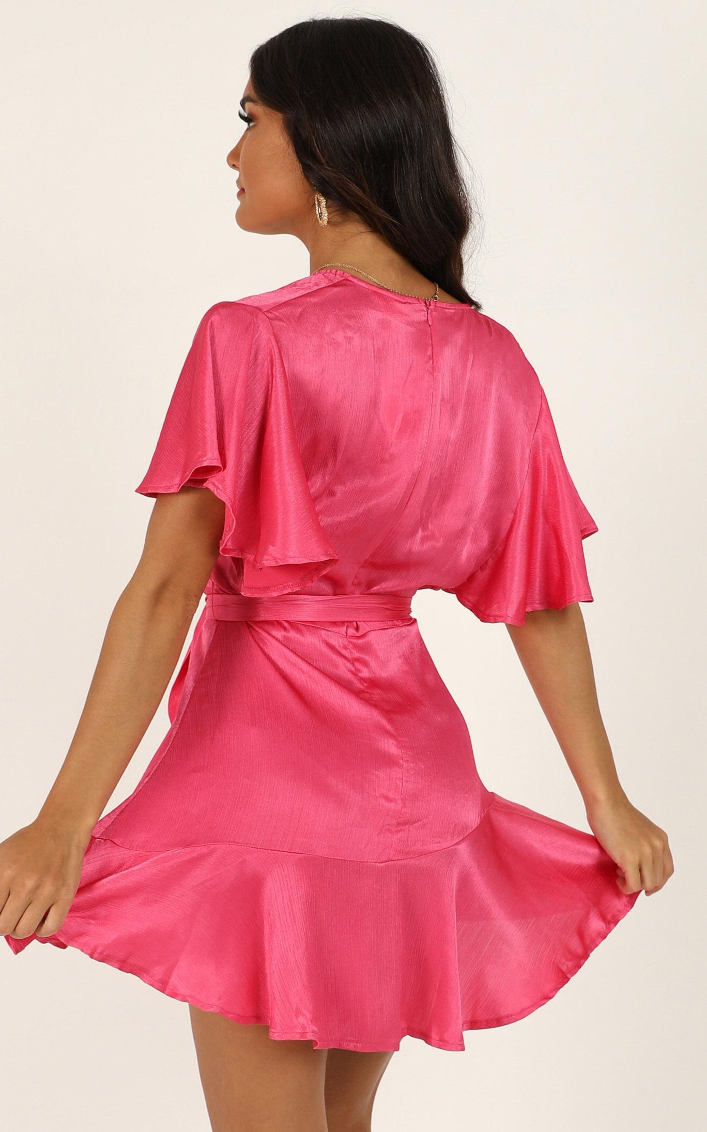 All I Want To Be Ruffle Mini Dress in Hot Pink Satin