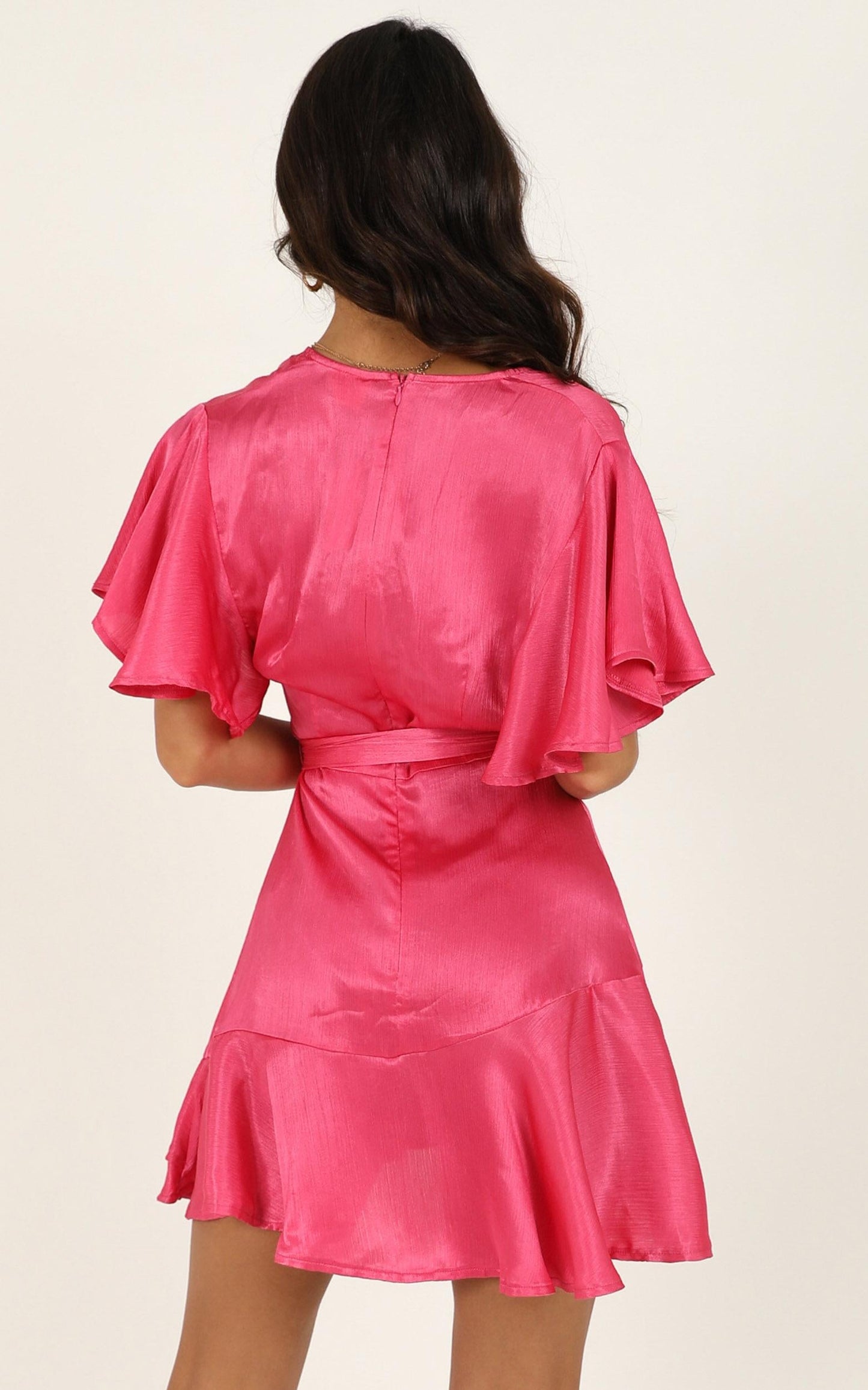 All I Want To Be Ruffle Mini Dress in Hot Pink Satin