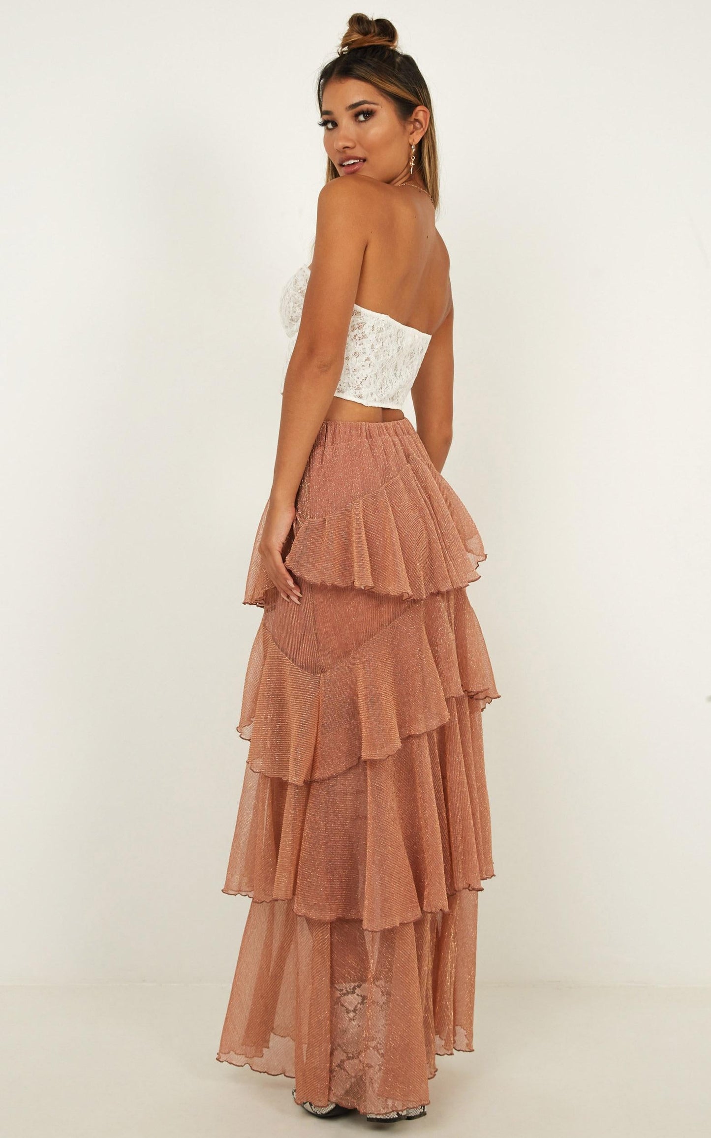 Storms And Saints Skirt In Rose Gold Mesh