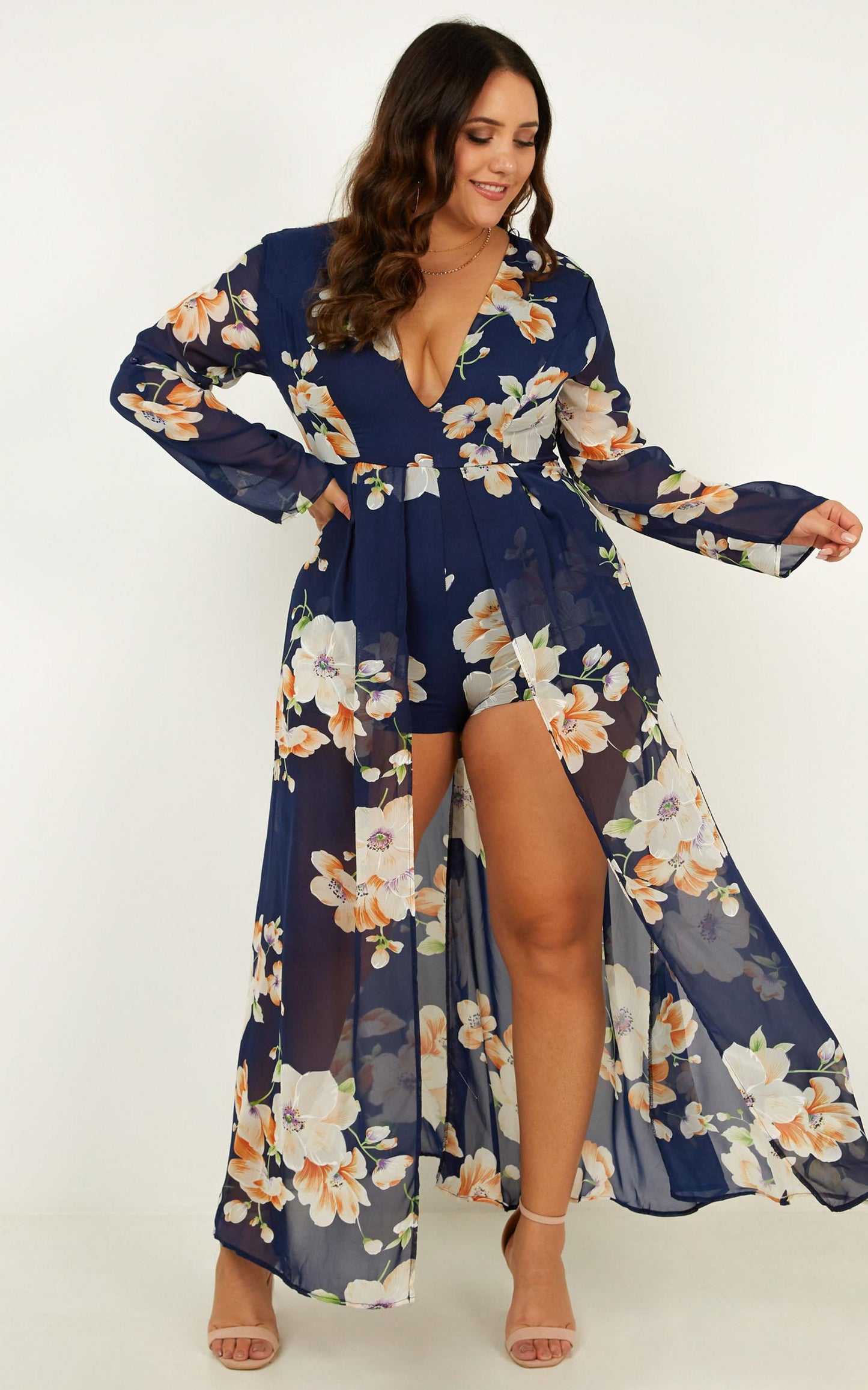 Steal The Show Playsuit In Navy Tropical Floral