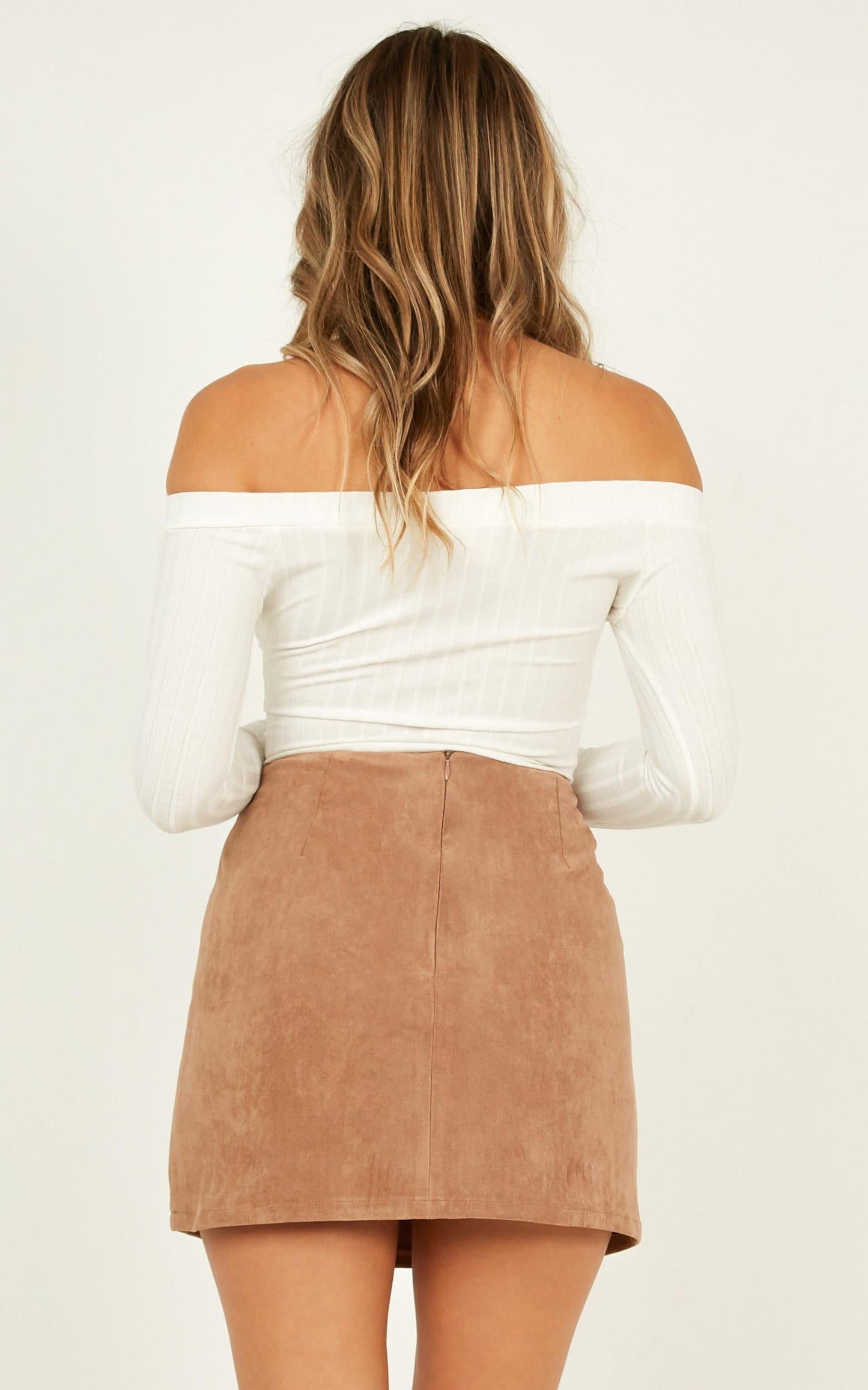 Wait In Line Skirt In Taupe Suedette