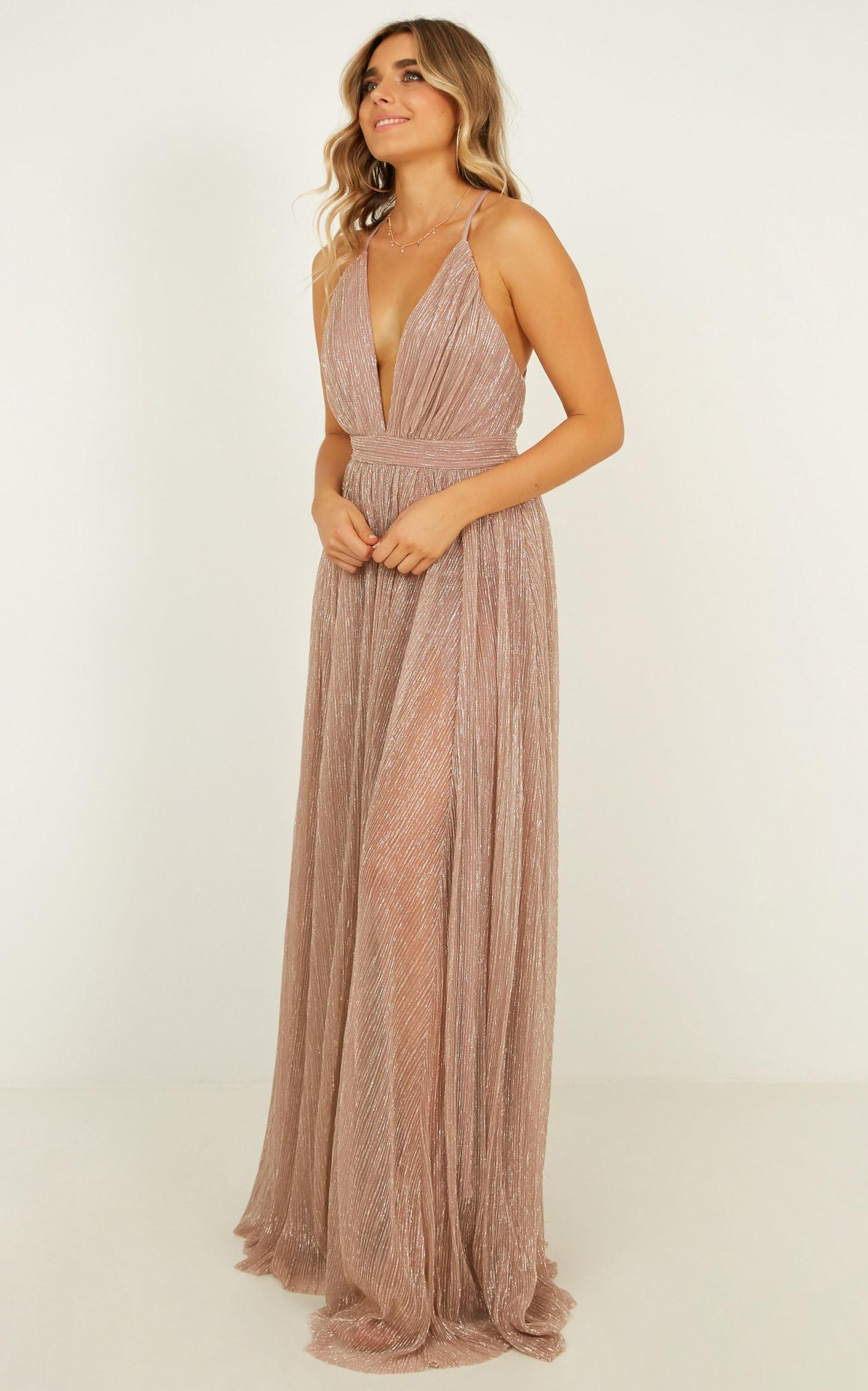 Simply Perfection Maxi Dress In Blush Lurex Mesh