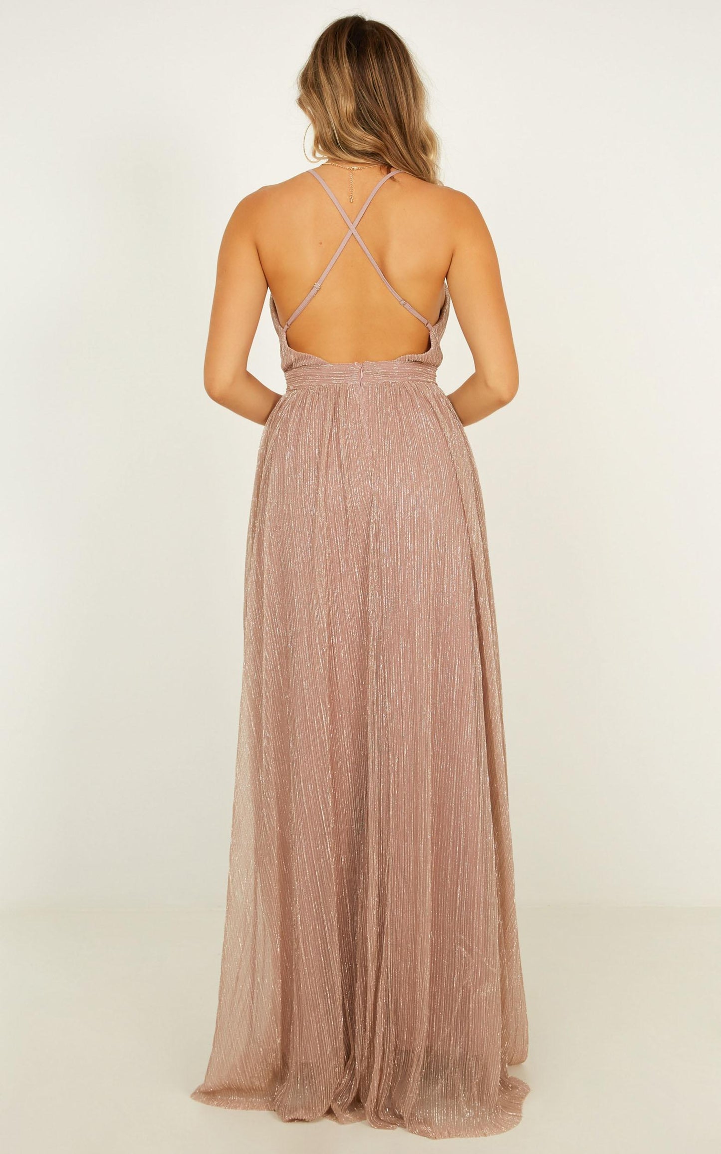 Simply Perfection Maxi Dress In Blush Lurex Mesh