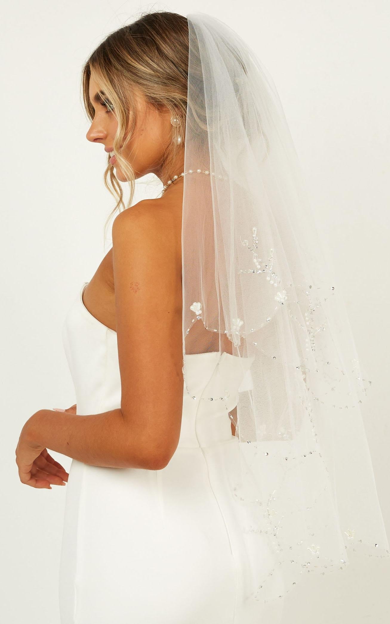 Say The Word Veil In White With Pearl Embellishment