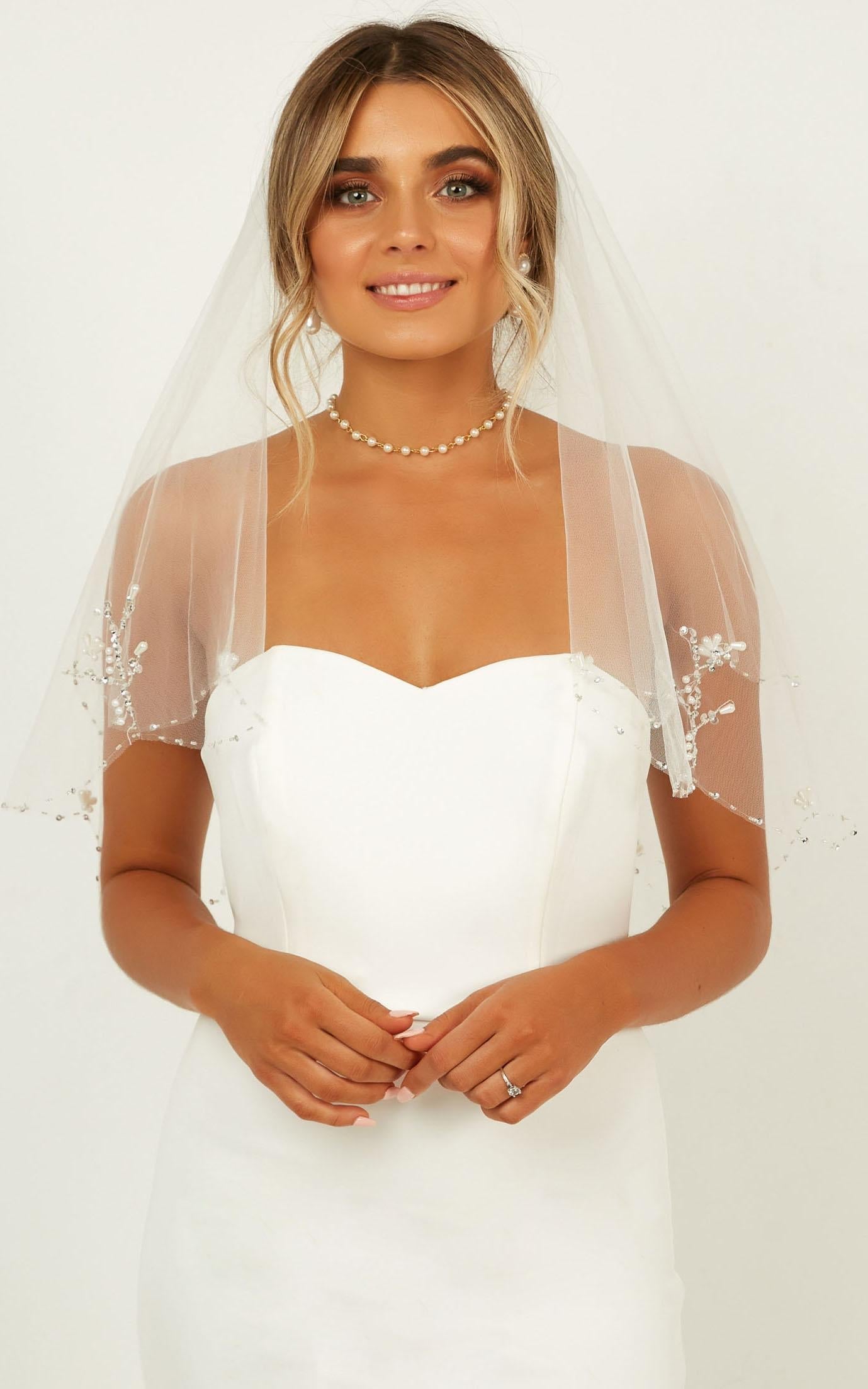 Say The Word Veil In White With Pearl Embellishment