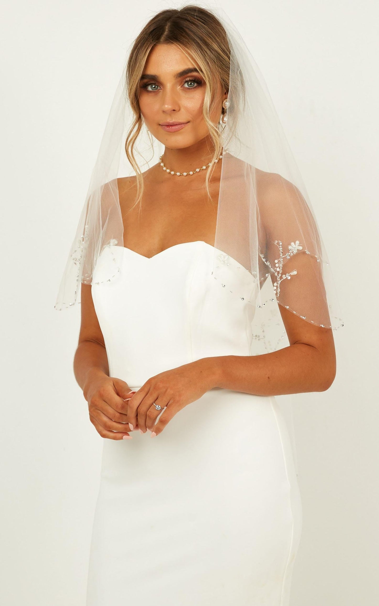 Say The Word Veil In White With Pearl Embellishment