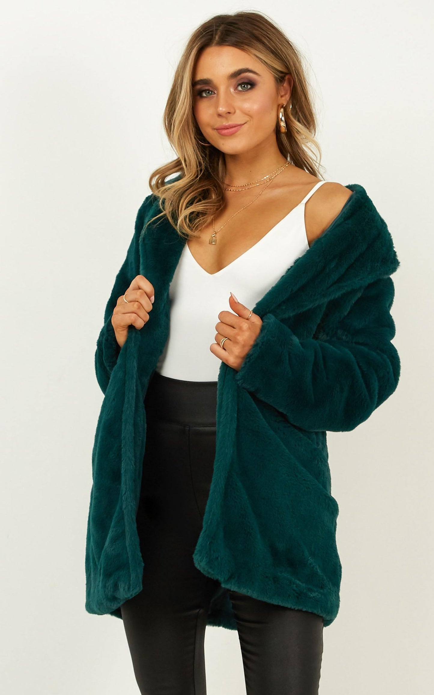 Leaning On You Coat in Emerald faux fur