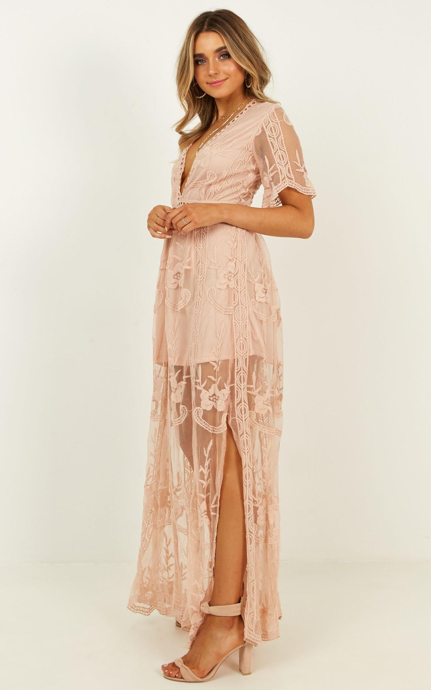 Love Spell Maxi Dress In Blush Lace