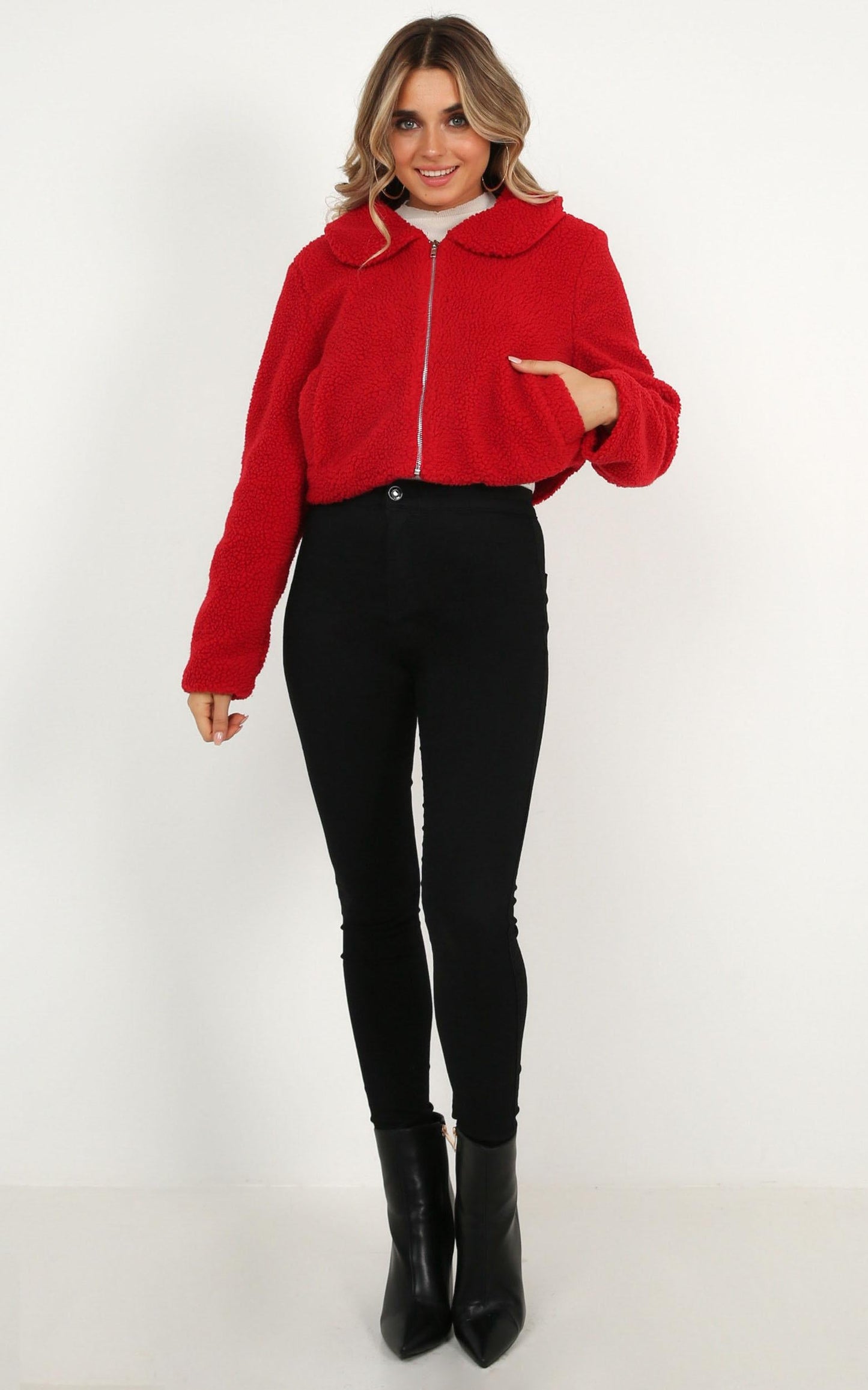 Forever Cuddling Jacket In Red Teddy